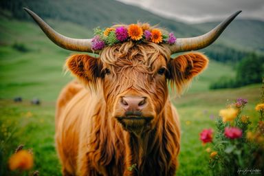 Schottisches Hochlandrind mit Blumenschmuck
