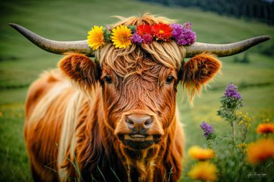 Schottisches Hochlandrind mit Blumenschmuck