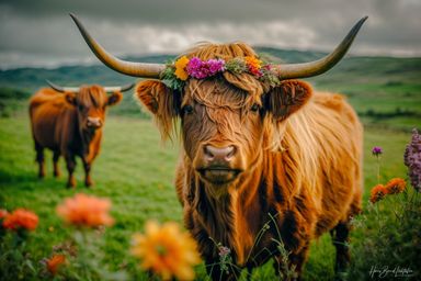 Schottisches Hochlandrind mit Blumenkranz